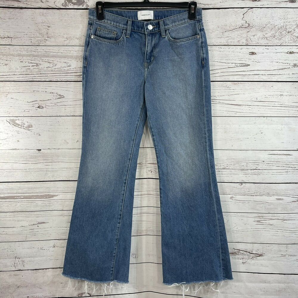 Current Elliott SZ 28 Jeans Wide Leg Raw Hem Medium Wash Faded Mid-Rise Blue